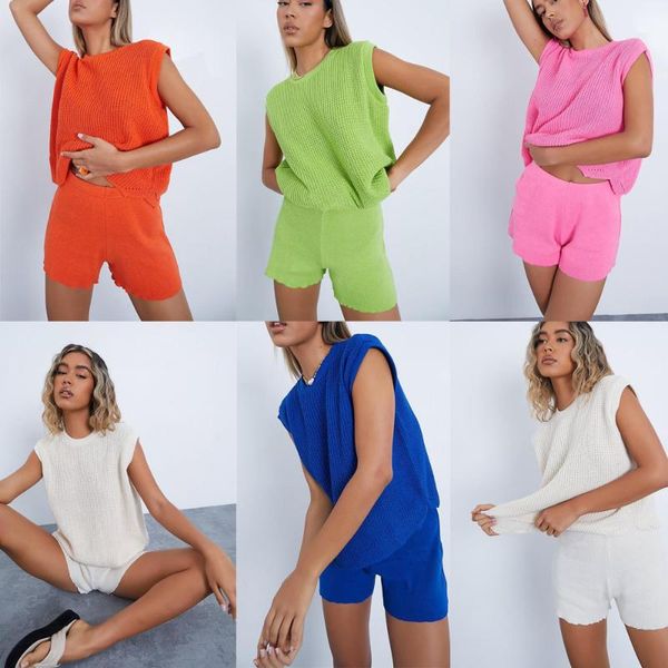 

women's tracksuits summer 2 pcs women casual solid color outfits adults loose round neck knit + shorts pink orange green white blue va, Gray