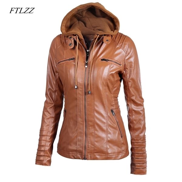 

ftlzz women faux leather jacket pu motorcycle hooded hat detachable casual leather plus size 5xl punk outerwear 211007, Black