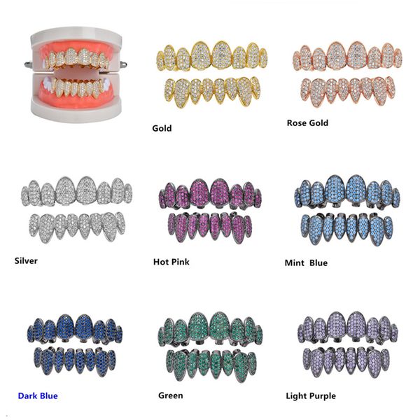 

8 colors gold punk hiphop multicolor cz zircon vampire teeth fang grillz diamond grills braces tooth cap rapper jewelry for cosplay party, Black