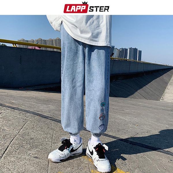 

men's jeans lappster men korean harajuku embroidered cargo 2021 spring mens fashions streetwear baggy denim pants male casual joggers, Blue