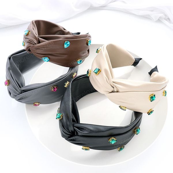 

shiny green rhinestone pu leather cross hairband green big stone headbands for women hair band hoops 2021 fashion hair accessories, Silver
