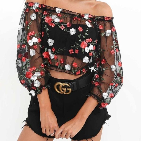 

women's t-shirt women flowers lace off shoulder black t shirt harajuku gothic t-shirts elegantes embroidery clothing tshirt de mujer, White