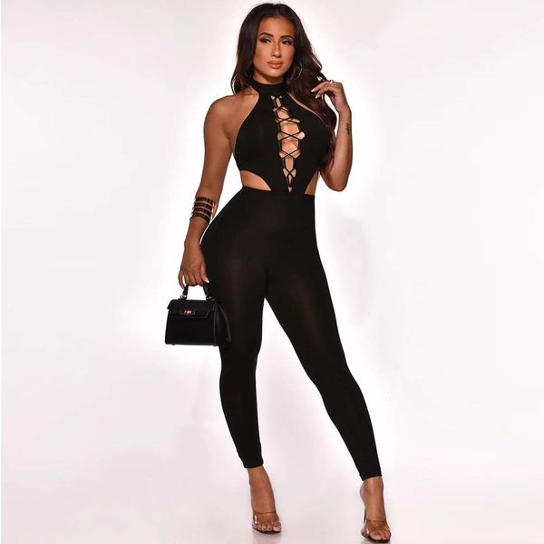 

2021 new arrival halter off shoulder lacing up women sleeveless fashional workout ladies clubwear elegant party jumpsuits, Black;white