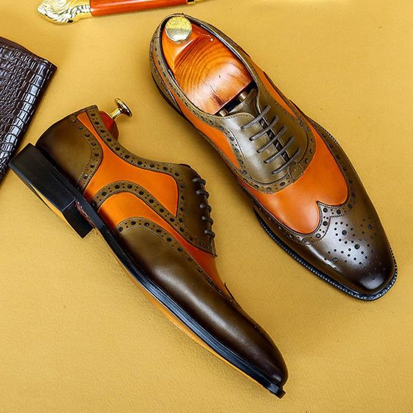 

dress shoes luxury genuine leather men oxford british color matching shoe comfortable formal flats lace-up brogue, Black