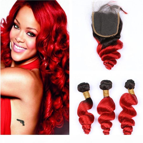 

#1b red ombre loose wave virgin peruvian hair weaves with closure 4pcs lot bright red ombre 4x4 front lace closure wtih 3bundles, Black;brown