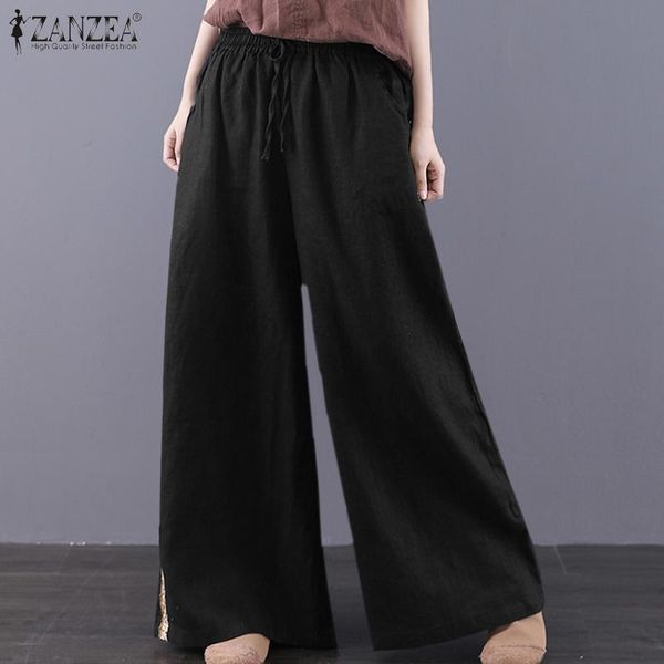 

women's fashion autumn wide leg pants zanzea vintage embroidery trousers casual elastic waist pants loose bottoms oversize s-5xl, Black;white