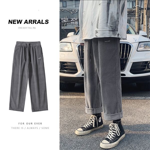 

2021 corduroy mens new gray winter thick warm casual streetwear trousers male straight wide leg pant rgp2, Black