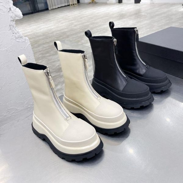 

boots autumn winter women concise ankle for woman thick bottom shoes fashion genuine leather zip, Black