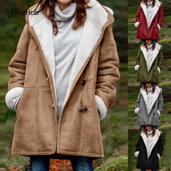 

women's jackets autumn and winter large size loose long coat plus solid velvet sleeve horn buckle pocket overcoat, Black;brown