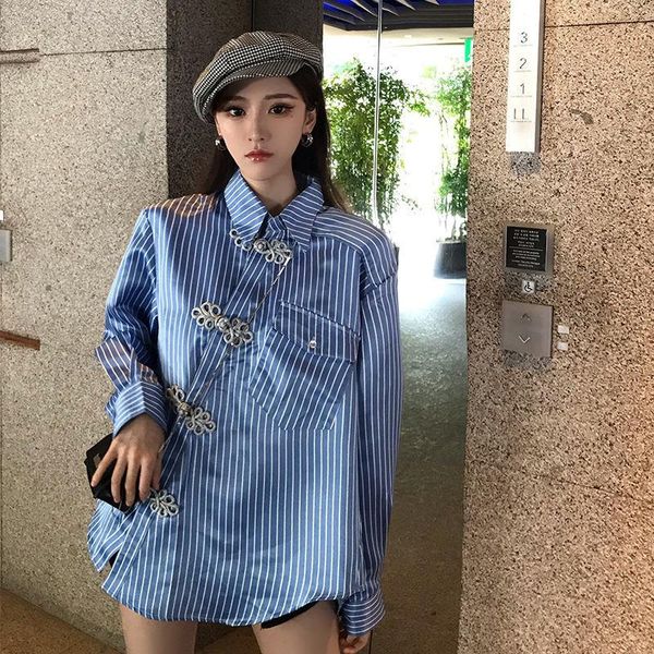 

women's blouses & shirts designer style women blue striped asymmetrical blouse vintage lapel long sleeve loose fashion spring autumn, White