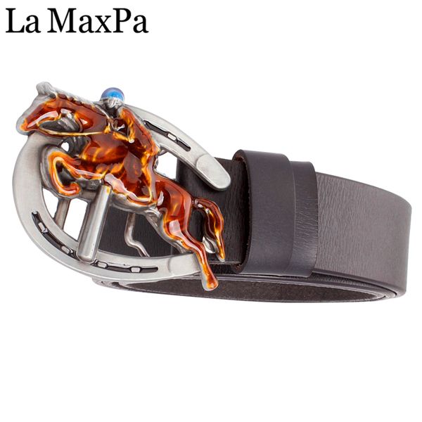 

2021 new novelty male racing equestrian sport metal buckle riding horse men cow leather belt horseshoe 5 colors 6kn2, Black;brown