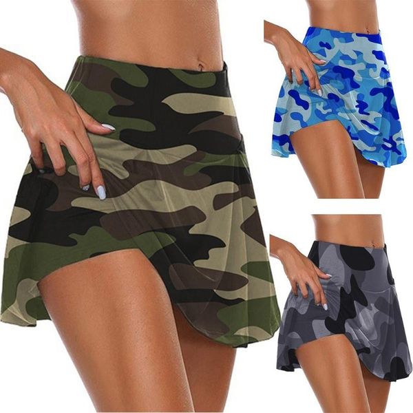 Saias Mulheres Cintura Alta 2-em-1 Esporte Skorts Colorful Camuflage Impresso Quick Seco Plissado Golf Athletic Corrida Corrida