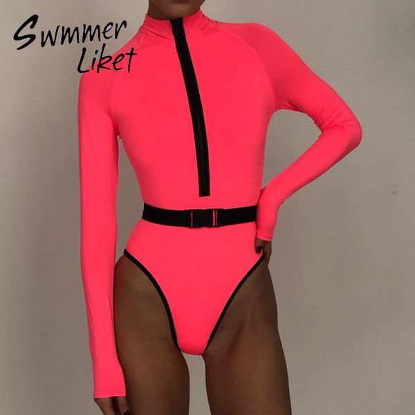 

long sleeves one piece swimsuit women neon swimwear female belt zipper monokini high neck bathing suit bodysuit 2020 summer, White;black
