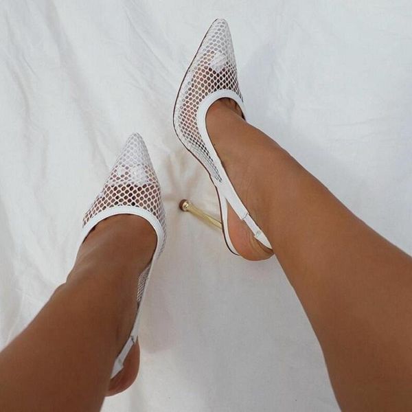 

dress shoes summer slingbacks pumps women mesh hollow out high heels party sandals white pointed toe stiletto ladies, Black