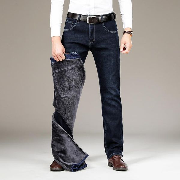 

men's jeans winter fleece thicken warm elastic 2021 comfortable straight loose men high waist business casual denim trousers, Blue