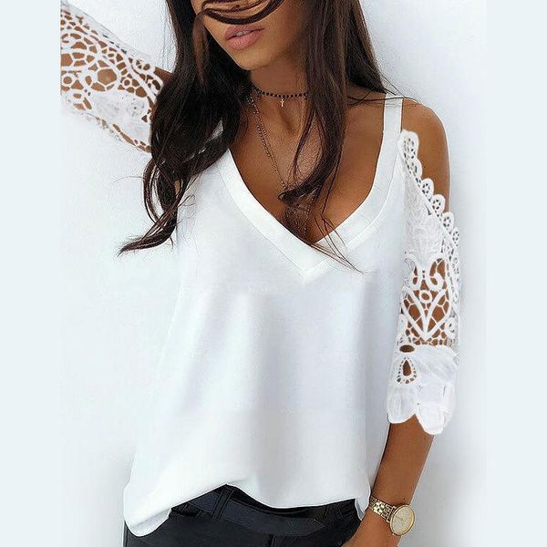 

casual dresses v-neck lace chiffon women's shirt stitching solid color blouse breathable, Black;gray