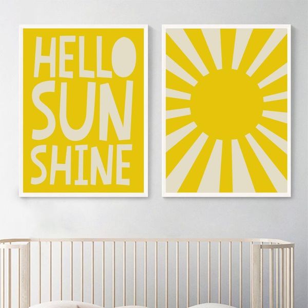 

paintings yellow hello sun shine quote posters and prints nursery canvas painting wall art pictures playroom kids room home decor