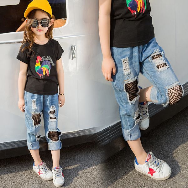 

spring autumn children denim stretch jeans baby pants with mesh inserts for children girls kids casual ripped pants trousers 210317, Blue