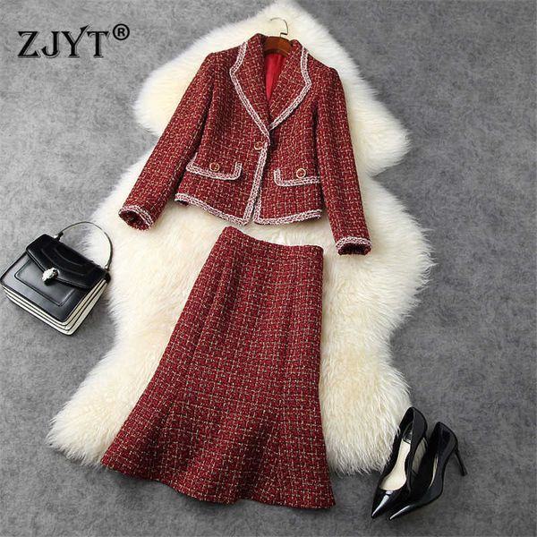 

runway fashion vintage autumn winter two piece outfit women notched tweed woolen blazer and skirt suit set office party twinset 210601, White