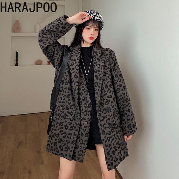 

women's suits & blazers harajpoo woman 2021 spring autumn harajuku ins style leopard print medium long jacket female loose casual, White;black