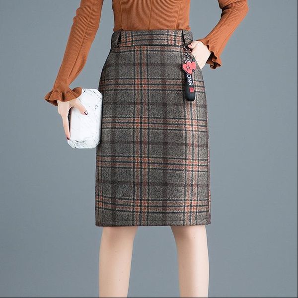 

2021 autumn winter new arrival woolen skirt plaid pocket korean high waist skirt womens skirt plus size ing, Black