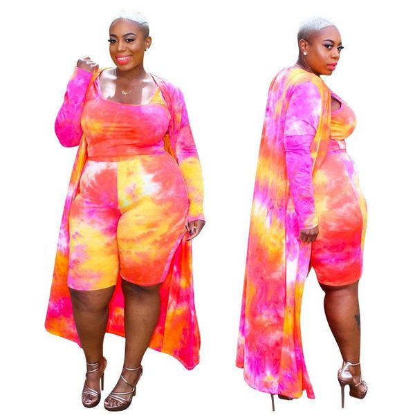 

ethnic clothing tie dye african women sets 4xl plus size tank shorts and cardigan robe autumn fashion street style casual large outfits, Red