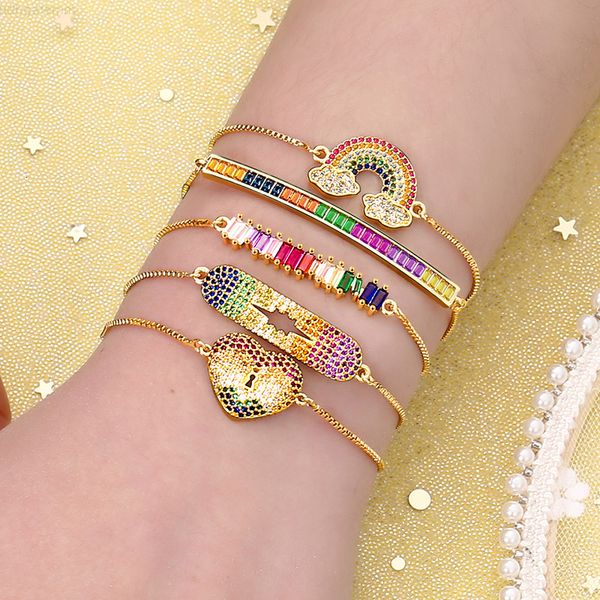 

women's cz rainbow gold bracelets bangles devil's eye fashion zircons colorful bracelet jewelry accessories gift, Red;brown