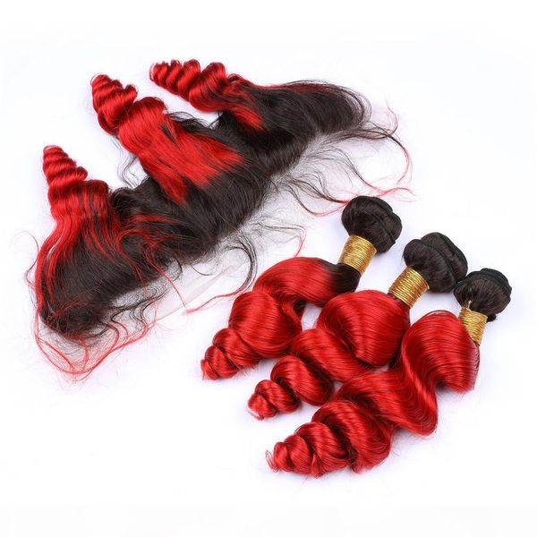 

ombre color 1b red loose curly hair extension with frontal closure dark roots deep wave 1b red hair 3bundles with lace frontal 13x4, Black;brown