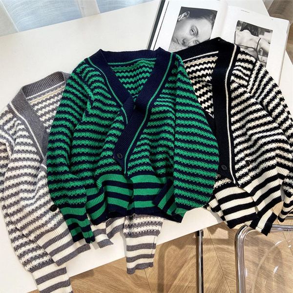 

women's sweaters deer plush d259# figure autumn fashionable retro v-neck striped sweater for women loose coat, White;black