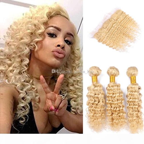 

#613 deep wave ear to ear frontal with hair bundles blonde 613 deep curly hair weaves with lace frontals 4pcs lot, Black