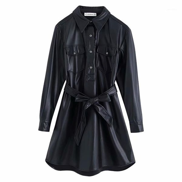 

casual dresses women black vintage pu leather wrap midi dress long sleeve with belt streetwear 2021 fashion autumn ladies vestido, Black;gray
