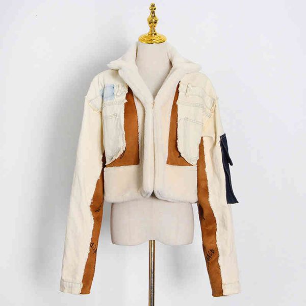 

women's jackets twotwinstyle patchowrk lambswool denim woman's jacket lapel long sleeve long-term women's casual coat winter, Black;brown