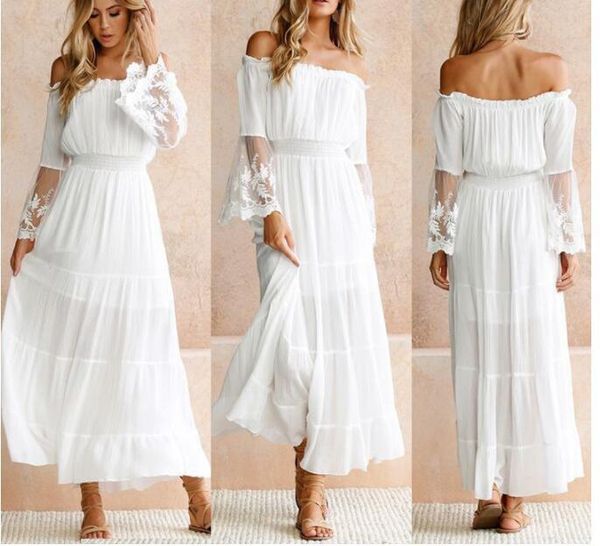 

casual dresses 2021 summer sundress women white beach dress strapless long sleeve loose off shoulder lace boho chiffon maxi, Black;gray