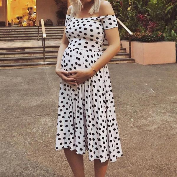 

maternity dresses women mom dot print pregnancy breastfeeding off shoulder dress bare robe femme enceinte, White