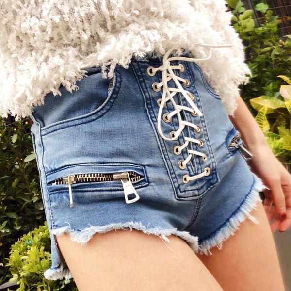 

women's shorts 2021 summer fashion zipper high waist female blue black grey college style lace up korean denim l215, White;black