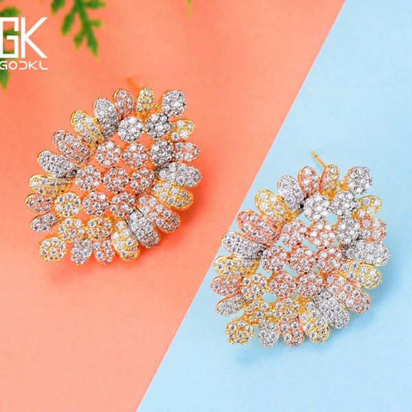 

stud godki trendy korean flowers elegant earrings for women wedding cubic zirconia bohemian bridal 2021, Golden;silver