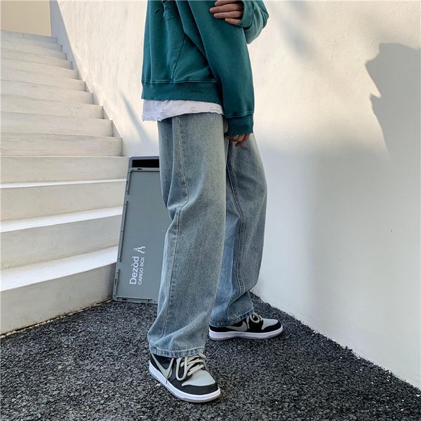 

washed mens baggy jeans pants fashion korean wide leg denim jeans trousers streetwear high waist harajuku pantalon homme 4lno, Blue