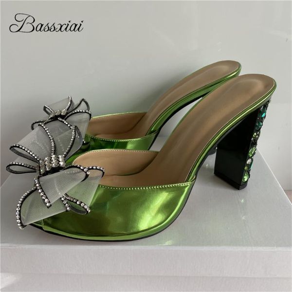 

jeweled crystal air mesh butterfly-knot lady mules diamond high heel patent leather slingbacks rhinestone sandals women, Black