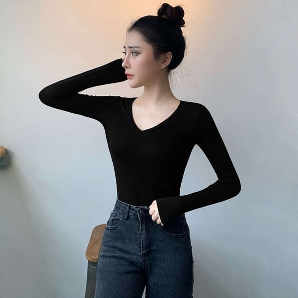 

black v-neck slim bottomed shirt women's autumn winter 2020 foreign style with skinny and versatile long sleeve t-shirt, White