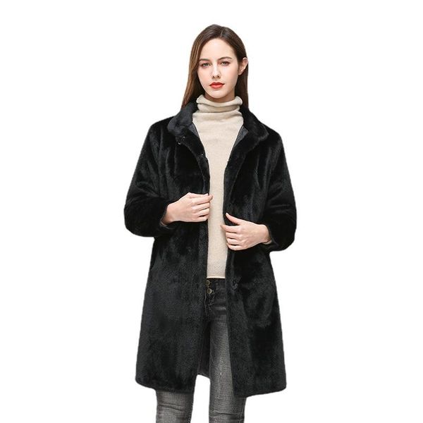 

women's fur & faux 2021 fashion mid-length temperament commuter mink coat warm stand collar jacket winter wide-waisted, Black