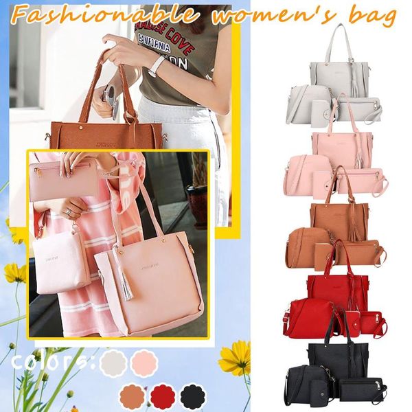 

duffel bags 4 pcs woman bag 2021 shoulder set soft solid color pu messenger wallet handbag travel tote organizer
