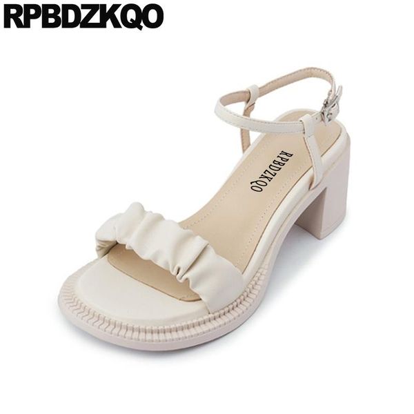 

sandals ankle strap square ladies shoes black chunky high heels harajuku genuine leather women 2021 summer beige pumps platform