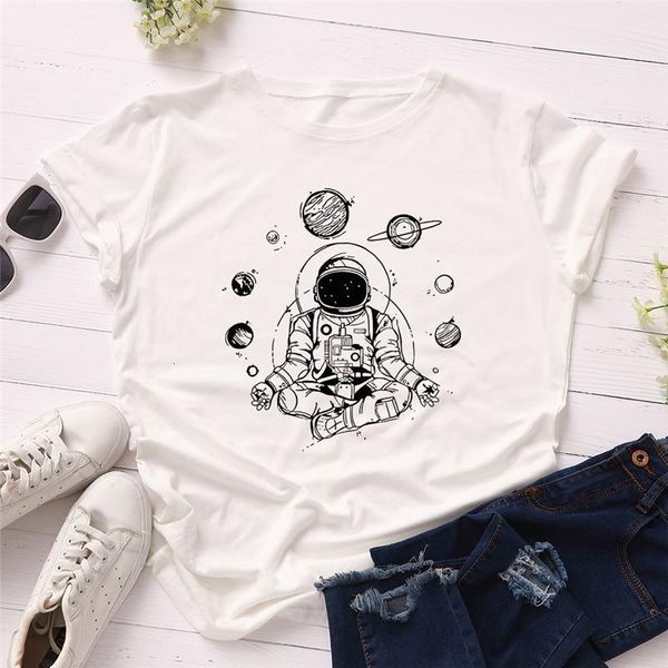 

women's t-shirt astronaut planet print t-shirt women o-neck harajuku graphic short sleeve summer t-shirt women drop shipping, White