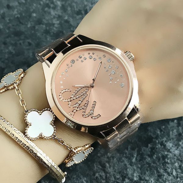 

brand watch women girl crystal big letters style metal steel band quartz wrist watches gs11, Slivery;brown