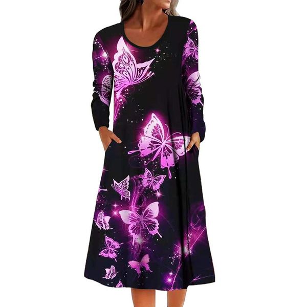 

casual dresses elegant women dress 2021 autumn o neck long sleeve ladies party vintage butterfly printed loose vestido, Black;gray