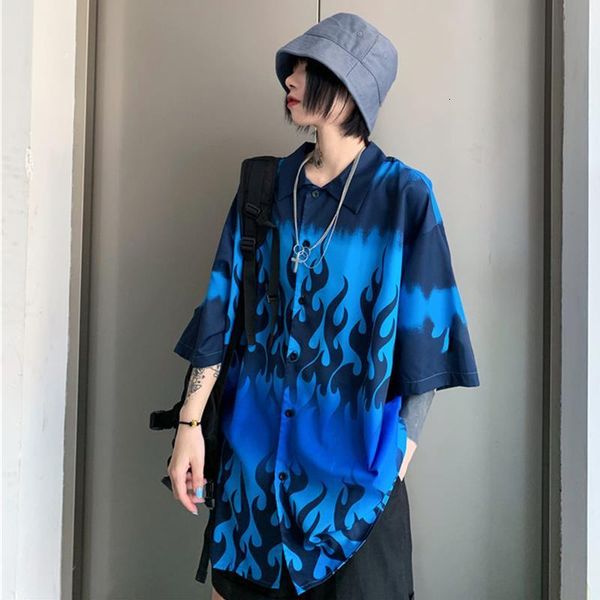 

harajuku polyester oversize fire printing shirts women blouses high street bf style 2021 summer short sleeve shirts, White