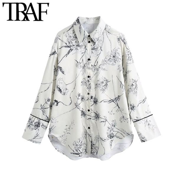 

traf women fashion floral print loose asymmetric blouses vintage long sleeve button-up female shirts blusas chic 210730, White