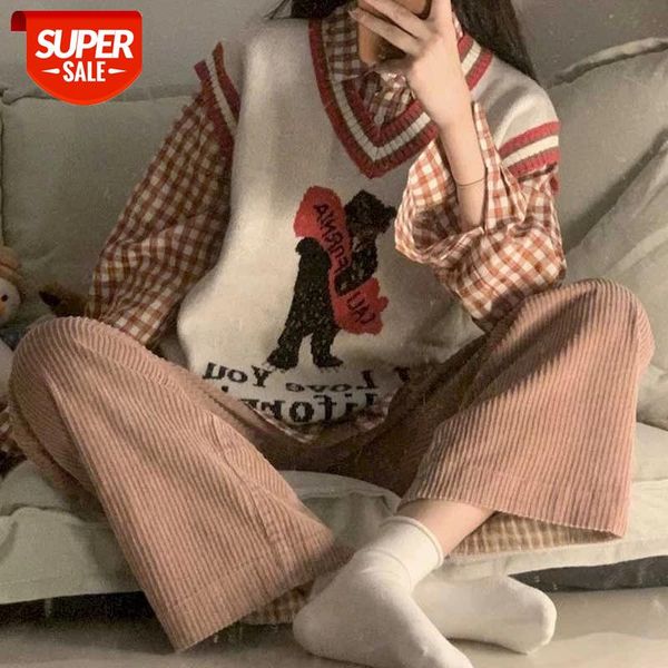 

Autumn new three-piece fun bear V-neck knitted sweater + plaid shirt + casual pants female student spring and autumn suit age re #ve6n, White