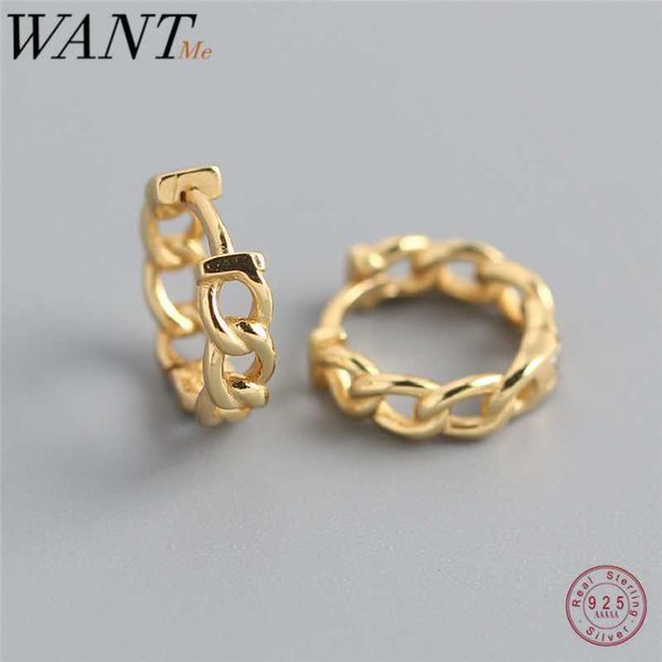 

wantme real 100% 925 sterling sier punk hip-hop cuba chain gothic studs earrings for fashion women jewelry accessories, Golden