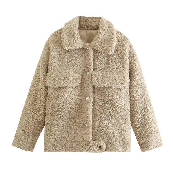 

women's wool & blends 2021 fall winter casual turn-down collar single breasted lambs coats and jackets women, Black